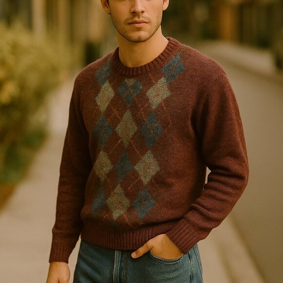 Vintage Made in England 100% Wool Argyle Sweater L – Burgundy Heather, Blue/Grey - Picture 1 of 9